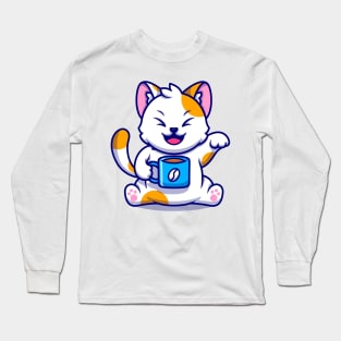 Cat and Coffee Kawaii Orange - Cute Long Sleeve T-Shirt